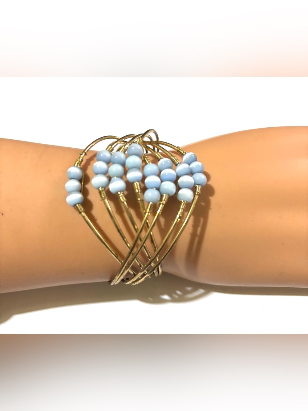 Fashion Jewelry Gold-Tone Multi-Bangle Bracelet with Pale Blue Beads